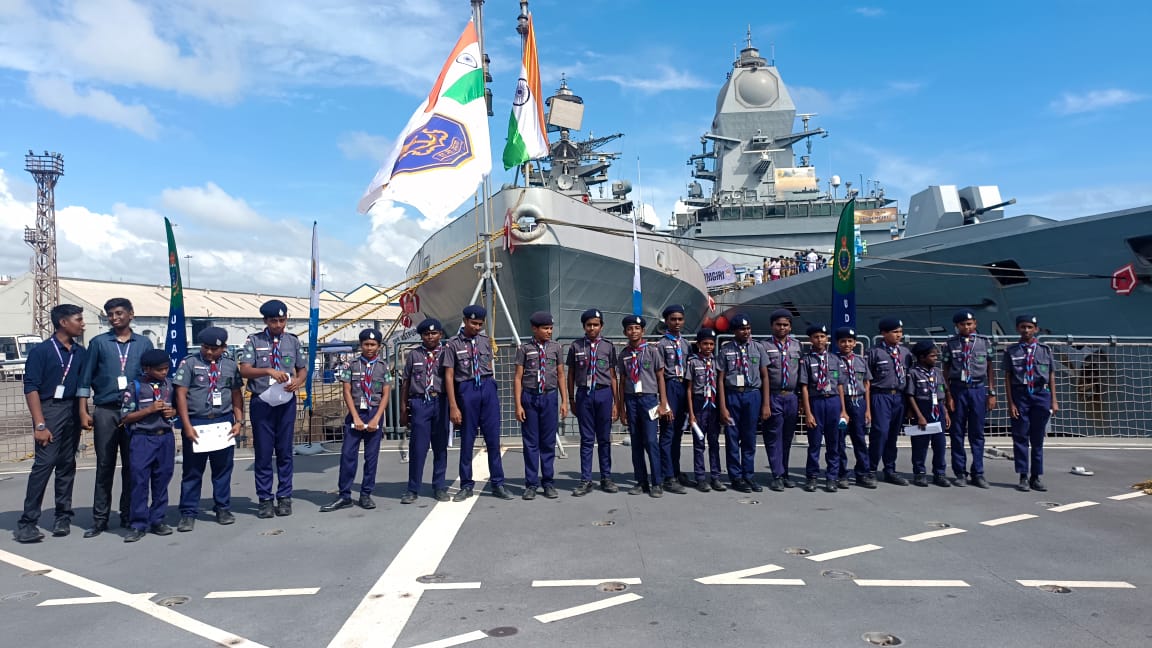 Senior students on an educational visit to the INS warship